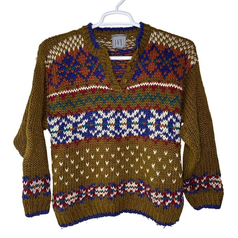 Vintage IVY Hand Knit Sweater Womens Small Multicolor Geometric V Neck Ski Apres